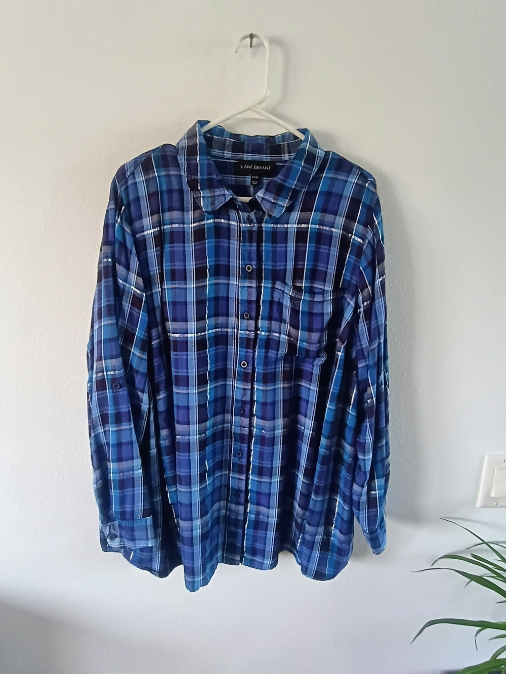 Lane Bryant Women's 22/24 Blue Plaid Rayon Button Front Long Sleeve Shirt Plus